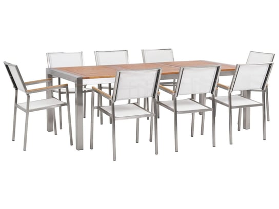 Zestaw ogrodowy stół drewniany eukaliptus i 8 krzeseł białych GROSSETO Beliani