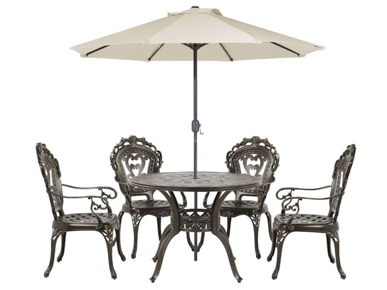 Zestaw ogrodowy stół i 4 krzesła brązowy SAPRI z parasolem (16 opcji do wyboru) Beliani
