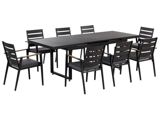 Zestaw ogrodowy stół rozkładany i 8 krzeseł czarny z poduszkami szarymi VALCANETTO/TAVIANO Beliani