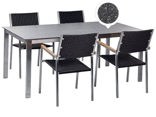 Zestaw ogrodowy stół szklany efekt granitu i 4 krzesła z technorattanu czarny COSOLETO/GROSSETO Beliani