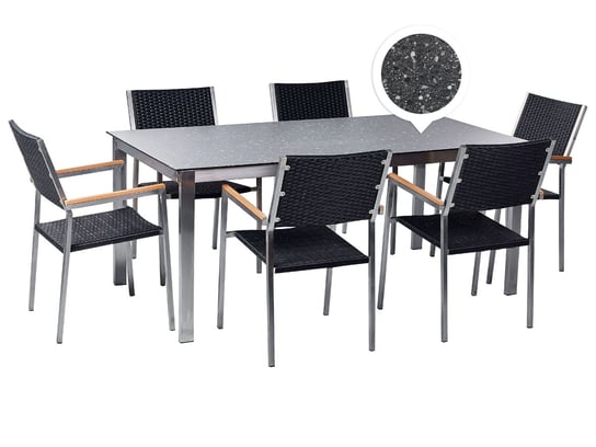 Zestaw ogrodowy stół szklany efekt granitu i 6 krzeseł z technorattanu czarny COSOLETO/GROSSETO Beliani