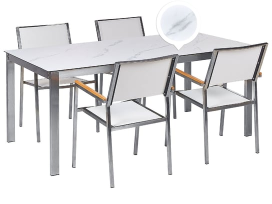Zestaw ogrodowy stół szklany efekt marmuru i 4 krzesła białe COSOLETO/GROSSETO Beliani