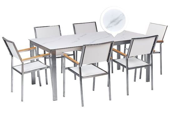 Zestaw ogrodowy stół szklany efekt marmuru i 6 krzeseł białe COSOLETO/GROSSETO Beliani
