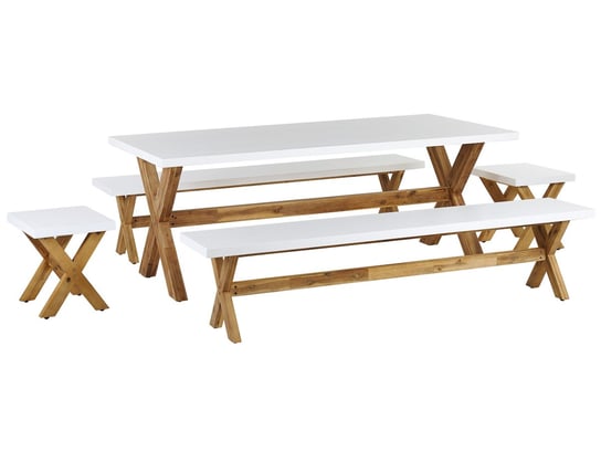 Zestaw ogrodowy stół z 2 ławkami i 2 stołkami biały OLBIA Beliani