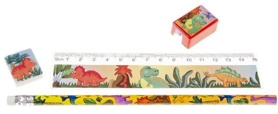 Zestaw ołówek, linijka, gumka i temperówka dinozaury Kemis - House of Gadgets