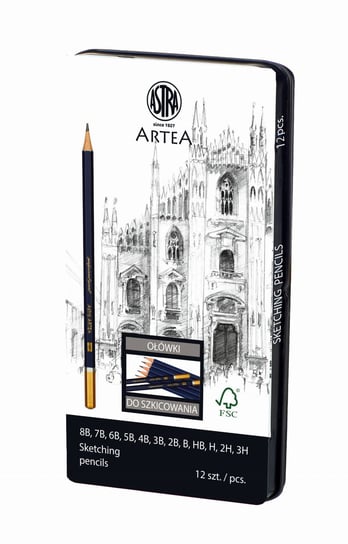 Zestaw ołówków do szkicowania Astra Artea mix 12 sztuk metalowym pudełku Astra