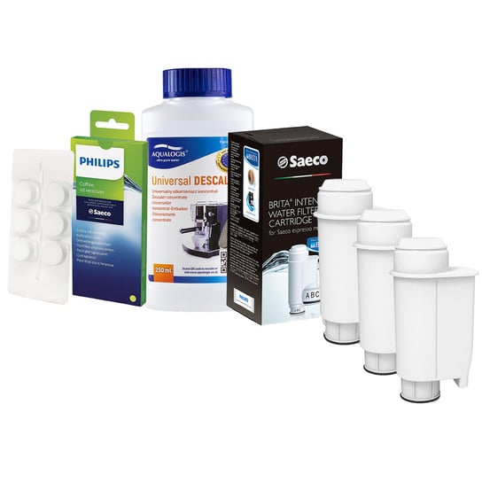 Zestaw Philips - Filtr Philips Intenza+ CA6702 3szt, Uniwersalny Odkamieniacz 250ml, Philips CA6704/10 Tabletki Czyszczące Aqualogis