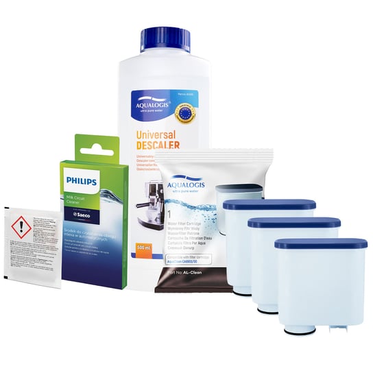 Zestaw Philips Saeco - AL-Clean 3szt, Uniwersalny Odkamieniacz 500ml, Philips CA6705/10 Środek Czyszczący do Obiegu Mleka Aqualogis