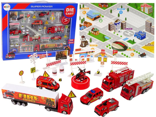Zestaw Pojazdów Straż Pożarna Znaki Drogowe 30 Elementów Lean Toys