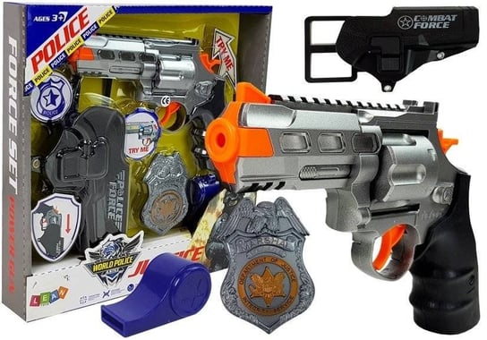 Zestaw Policyjny Rewolwer 20cm Odznaka Kabura Gwizdek Dźwięk Efekty Świetlne Lean Toys