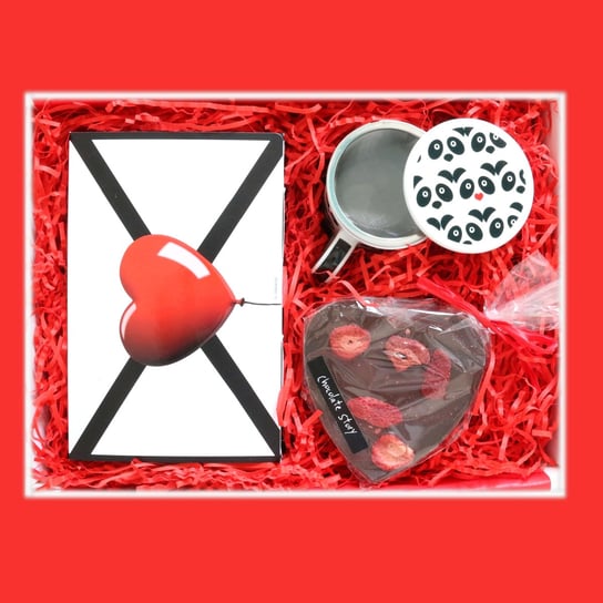Zestaw prezentowy dla zakochanych Lovebox CZEKOLADOWY BUZIAK. Zestaw 14 saszetek - 14x 5g/8g z różnymi rodzajami i smakami herbat, śliczny kubek z zaparzaczem i pokrywką oraz czekoladowe serce z trus Cup&You