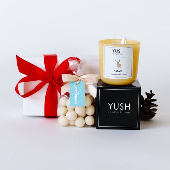 Zestaw prezentowy – duża świeca i orzechy w białej czekoladzie Yush