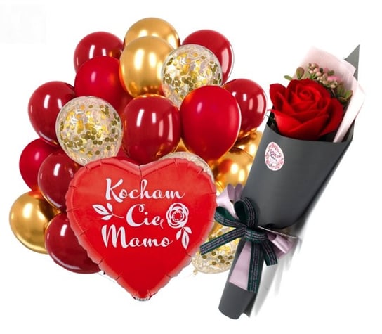 Zestaw prezentowy na Dzień Mamy Urodziny Bukiet balonów czerwona Róża mydlana Szafran Limited