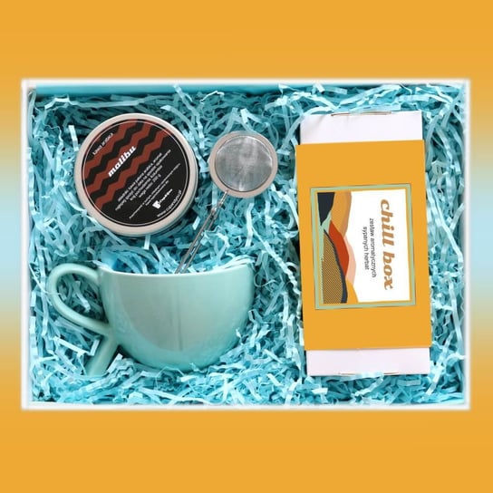 Zestaw prezentowy na wyjątkową okazję ChillBox TROCHĘ KAWY I HERBATY. Zestaw 20 herbat różnego rodzaju i smaku 20x 5/8g, kawa ziarnista Malibu 200g, stylowy kubek i poręczny zaparzacz Cup&You