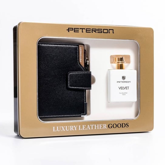 Zestaw prezentowy: skórzany portfel damski na zatrzask i woda perfumowana velvet Peterson