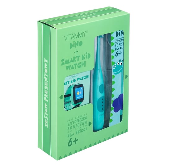Zestaw prezentowy szczoteczka soniczna dla dzieci, Vitammy, Dino, zielona + zegarek GPS Vitammy Smart Kid Watch, zielony Vitammy