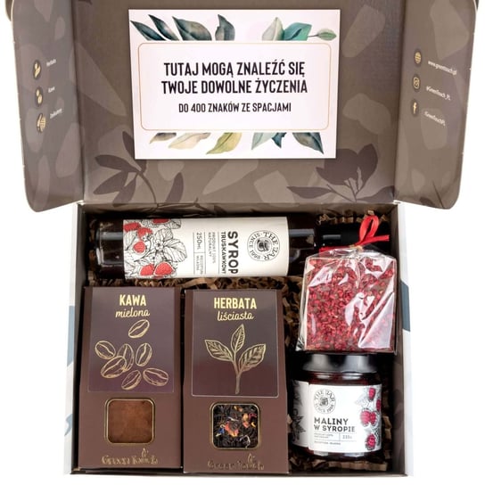 Zestaw prezentowy z herbatą, kawa czekolada syrop i maliny w syropie box Green Touch