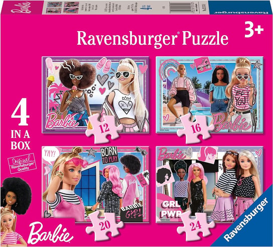 Zestaw puzzli 4 układanki z motywem Barbie oryginalne puzzle idealne jako prezent dla wielbicielki Barbie 3+ Ravensburger