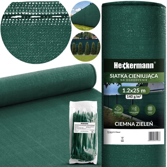 Zestaw Siatka cieniująca 1,2x25m Heckermann - Zielona + Opaski zaciskowe Heckermann 100szt - Zielone Heckermann