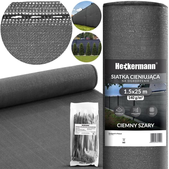 Zestaw Siatka cieniująca 1,5x25m Heckermann - Szara + Opaski zaciskowe Heckermann 100szt - Szare Heckermann