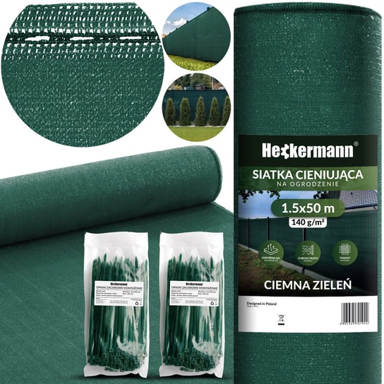 Zestaw Siatka Cieniująca 1,5X50M Heckermann - Zielona + 2X Opaski Zaciskowe Heckermann 100Szt - Zielone Heckermann