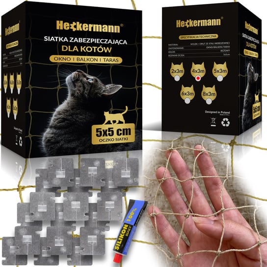 Zestaw Siatka na balkon dla kotów Heckermann 4x3m + Klej do siatki na balkon dla kotów Heckermann