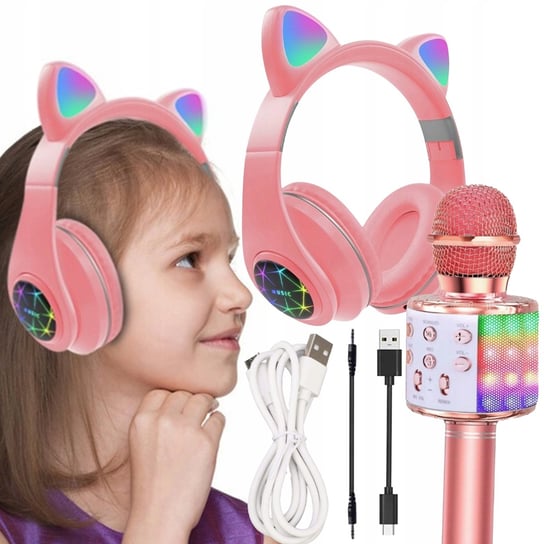 Zestaw Słuchawki Nauszne Dla Dzieci Kocie Uszy + Mikrofon Karaoke Bluetooth Lewer