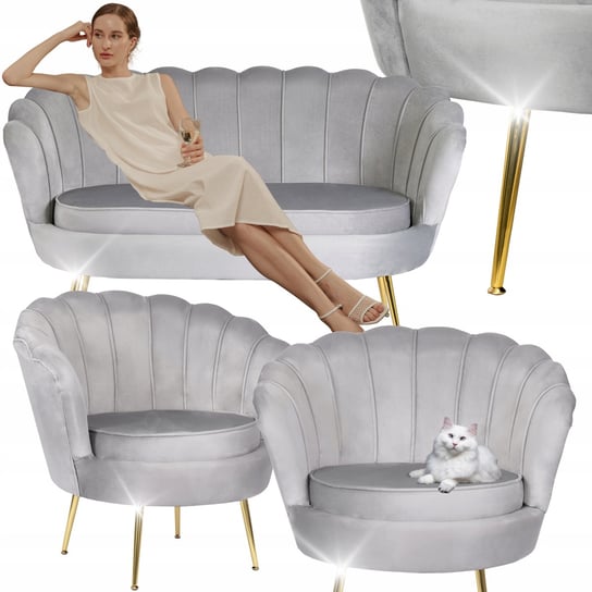 Zestaw Sofa Szara i 2 Fotele Muszelka Meble Wypoczynkowe Glamour Złote MEBEL ELITE
