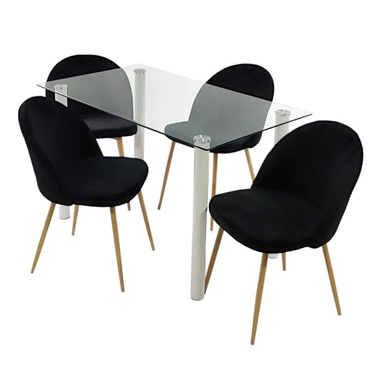 Zestaw stół NICEA biały i 4 krzesła DENWER VELVET czarne BMDesign