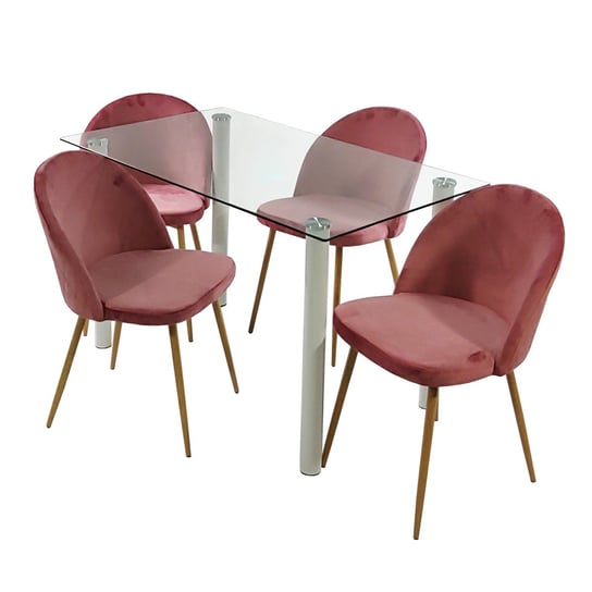 Zestaw stół NICEA biały i 4 krzesła DENWER VELVET różowe BMDesign
