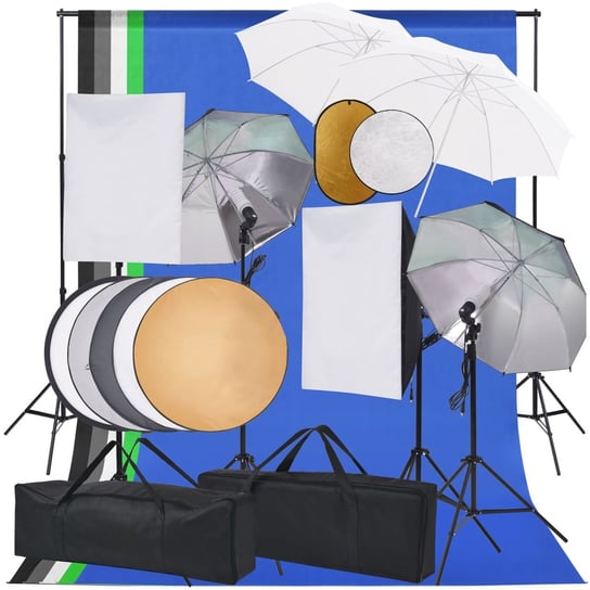 Zestaw studyjny z lampami softbox, parasolkami, tłami i blendami vidaXL