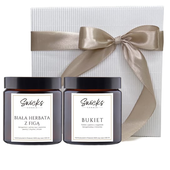 Zestaw świeczek sojowych prezent na koniec roku 2x120ml HERBATA+BUKIET biel Swicks