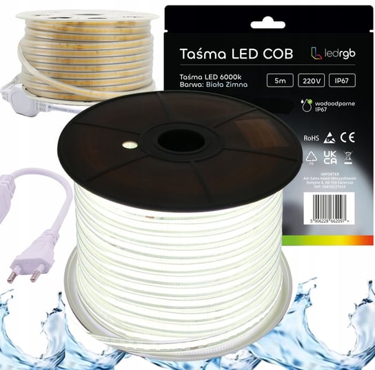 ZESTAW Taśma LED Neon COB 220V 230V 5m 6000K BIAŁA ZIMNA ZASILACZ IP67 ledrgb
