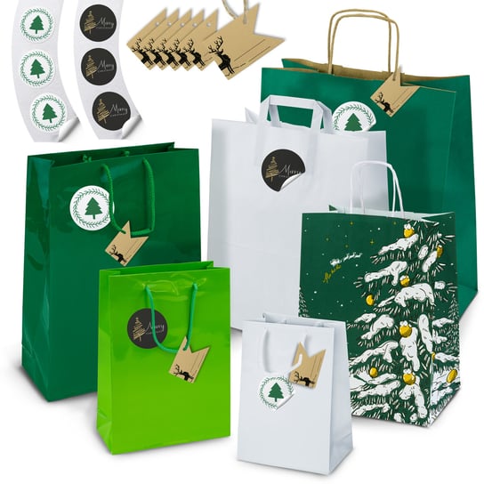 Zestaw Torebek Świątecznych Do Pakowania Prezentów Biało Zielony Allbag