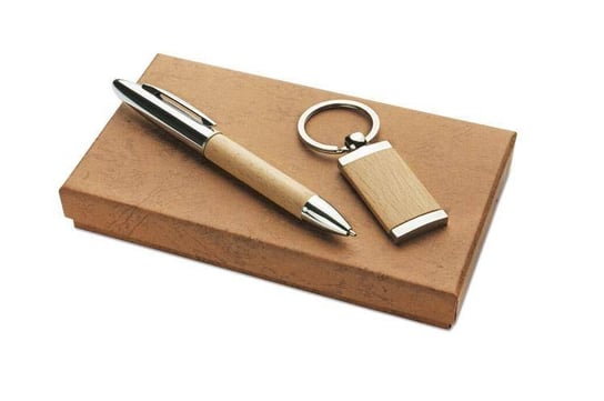 Zestaw upominkowy FRED składający się z długopisu oraz breloka wykonanych z metalu i drewna UPOMINKARNIA