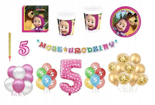 Zestaw Urodzinowy Masza 5 Urodziny Balony Kubki Talerzyki Świeczka Cyfra Inna marka