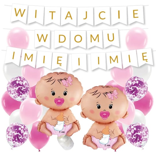 Zestaw WITAJCIE W DOMU 2x IMIĘ dla bliźniaków - złoty + bobas różowy BALONY na powitanie dziecka WITAJ OCHprosze