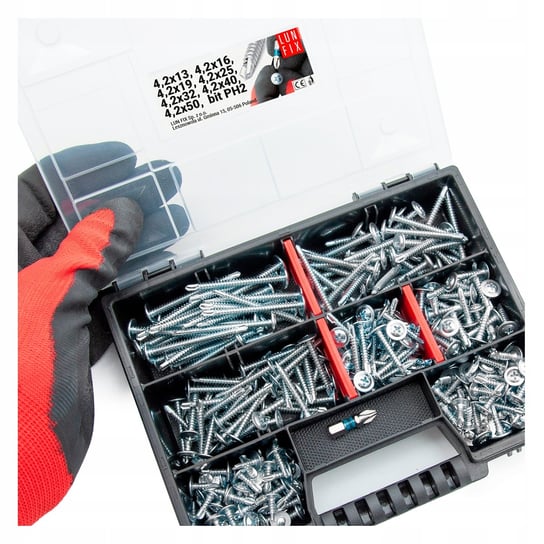 Zestaw wkrętów samowiercących 290szt do metalu ocynk +bit PH2 i organizer Lun Fix