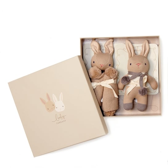 Zestaw z bawełny organicznej - grzechotka i kocyk przytulanka w ozdobnym pudełku, Taupe Bunny, ThreadBear ThreadBear Design