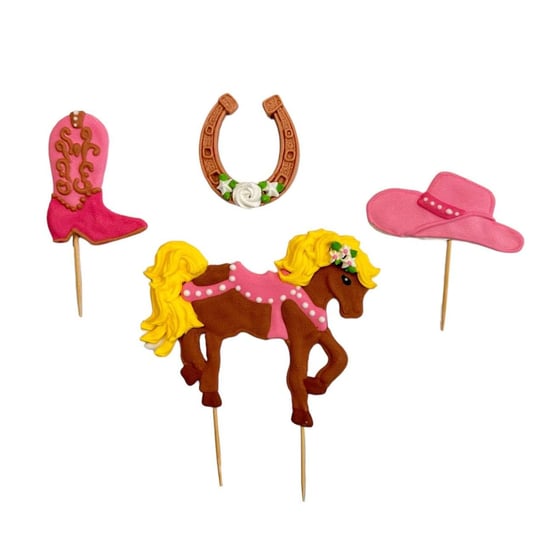 Zestaw z koniem toppery (koń, kapelusz, podkowa, but) różowy dekoracje cukrowe Inna marka