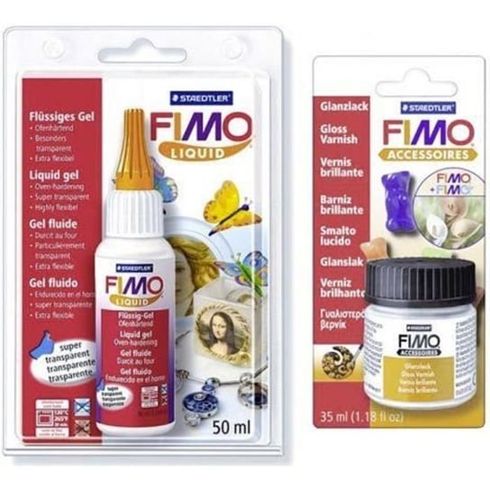 Zestaw zawiera tubkę przezroczystego płynu FIMO 50 ml oraz błyszczący lakier do pasty FIMO 10 ml. Przezroczysty płyn FIMO Fimo