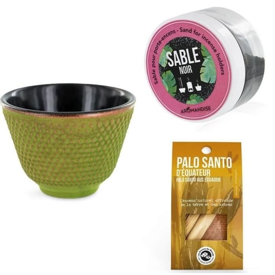 Zielono-złoty uchwyt na kadzidełko + Czarny piasek + Pałeczki Palo Santo Youdoit