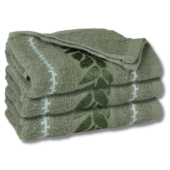 Zielony ręcznik bawełniany z ozdobnym haftem, liście 48x100 cm x3 RED