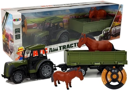 Zielony Traktor z Niską Przyczepą Figurka Konia Zdalnie Sterowany 2.4G Lean Toys