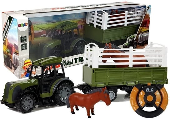 Zielony Traktor z Wysoką Przyczepą Figurka Konia Zdalnie Sterowany 2.4G Lean Toys