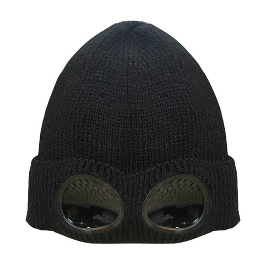 Zimowa ciepła dzianinowa czapka beanie, czapka do biegania z goglami Black INF