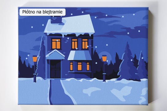 Zimową porą, śnieg, dom, światła, malowanie po numerach, blejtram Akrylowo