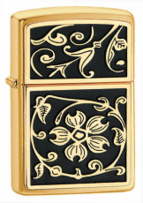 Zippo, Zapalniczka, Gold Floral Flush Emblem, Brushed Brass Zippo