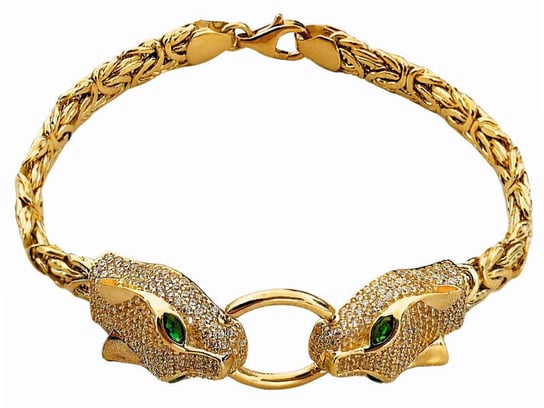 Złota bransoletka 585 głowa pantery zielone cyrkonie z łańcuchem bizantyna dziki kot Lovrin