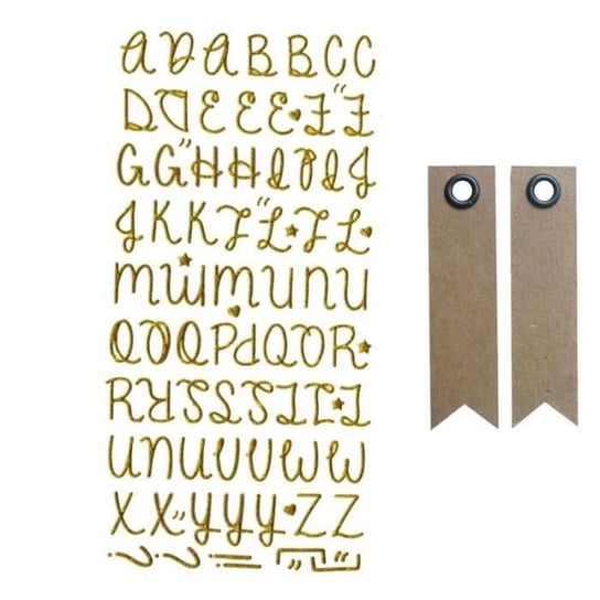 Złote brokatowe naklejki z alfabetem + 20 etykiet z proporczykami Kraft Youdoit